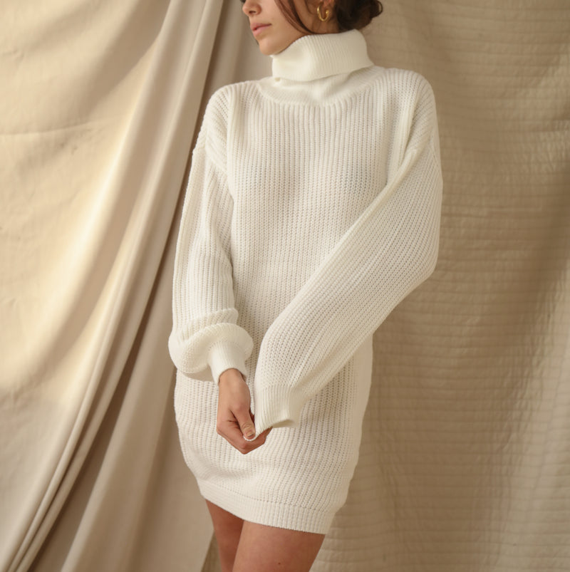 Last One - Heavy Turtleneck Purl Knit Sweater Dress Short With Bishop Sleeve