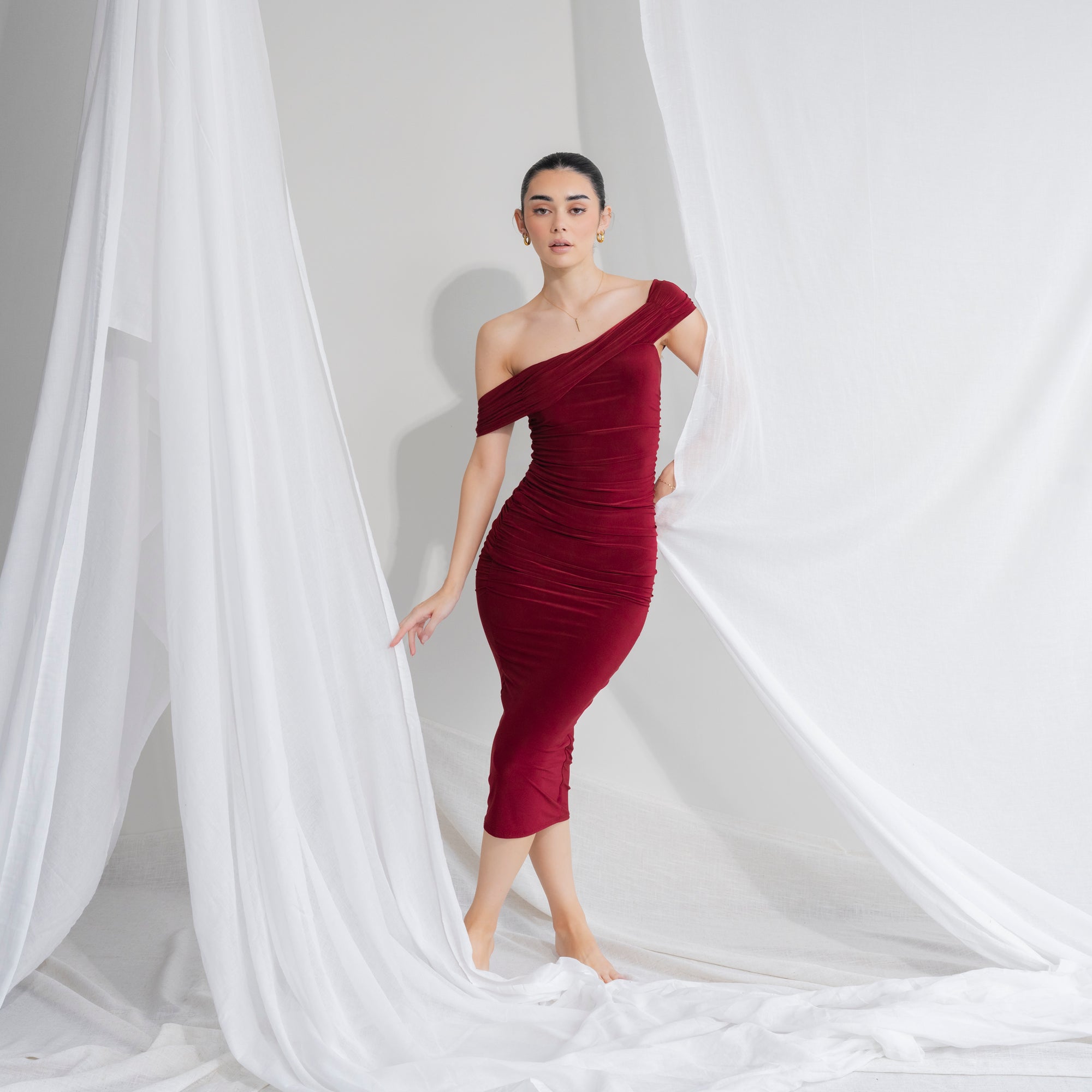 Silky-Luxe Off-Shoulder Dress in Performance Fabric