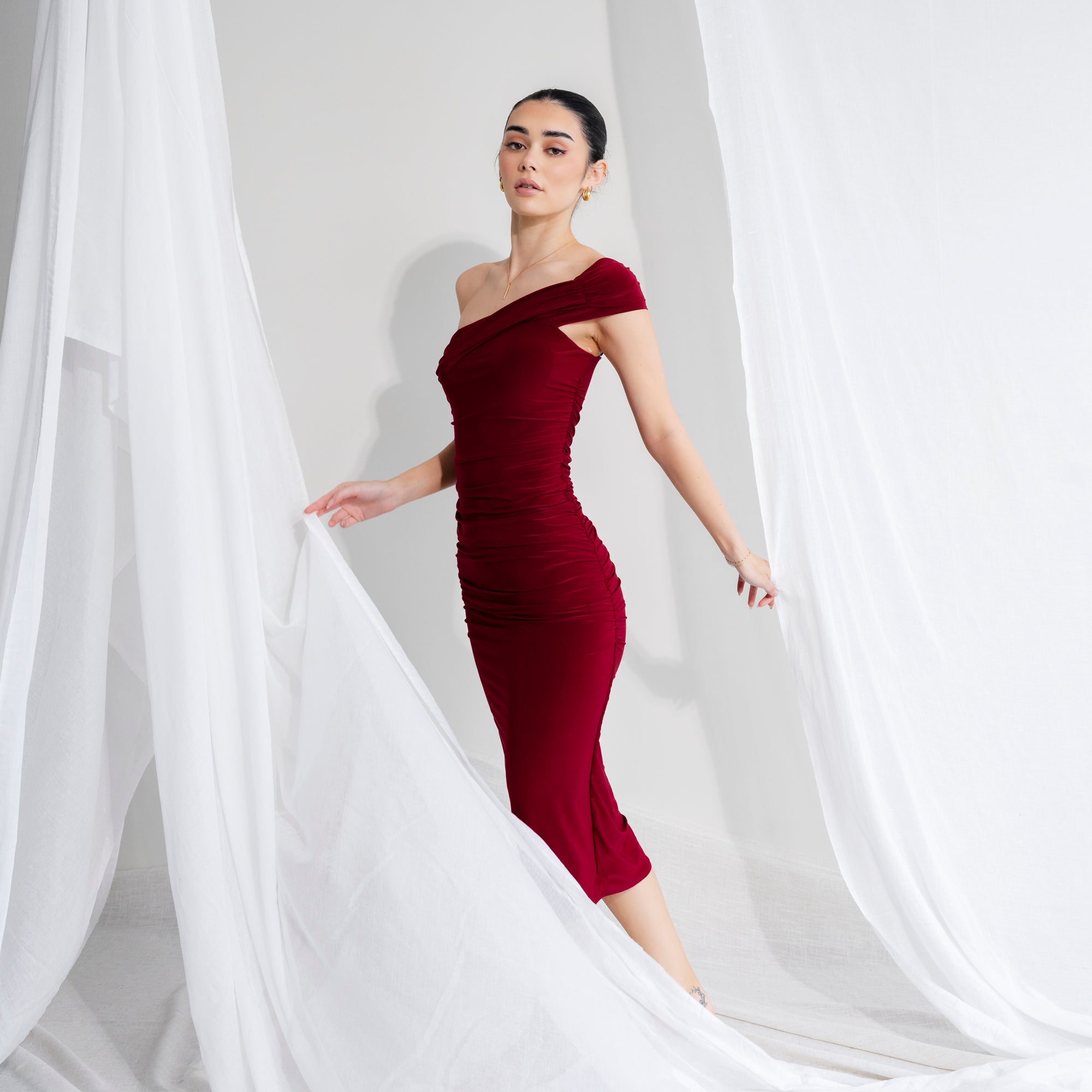 Silky-Luxe Off-Shoulder Dress in Performance Fabric