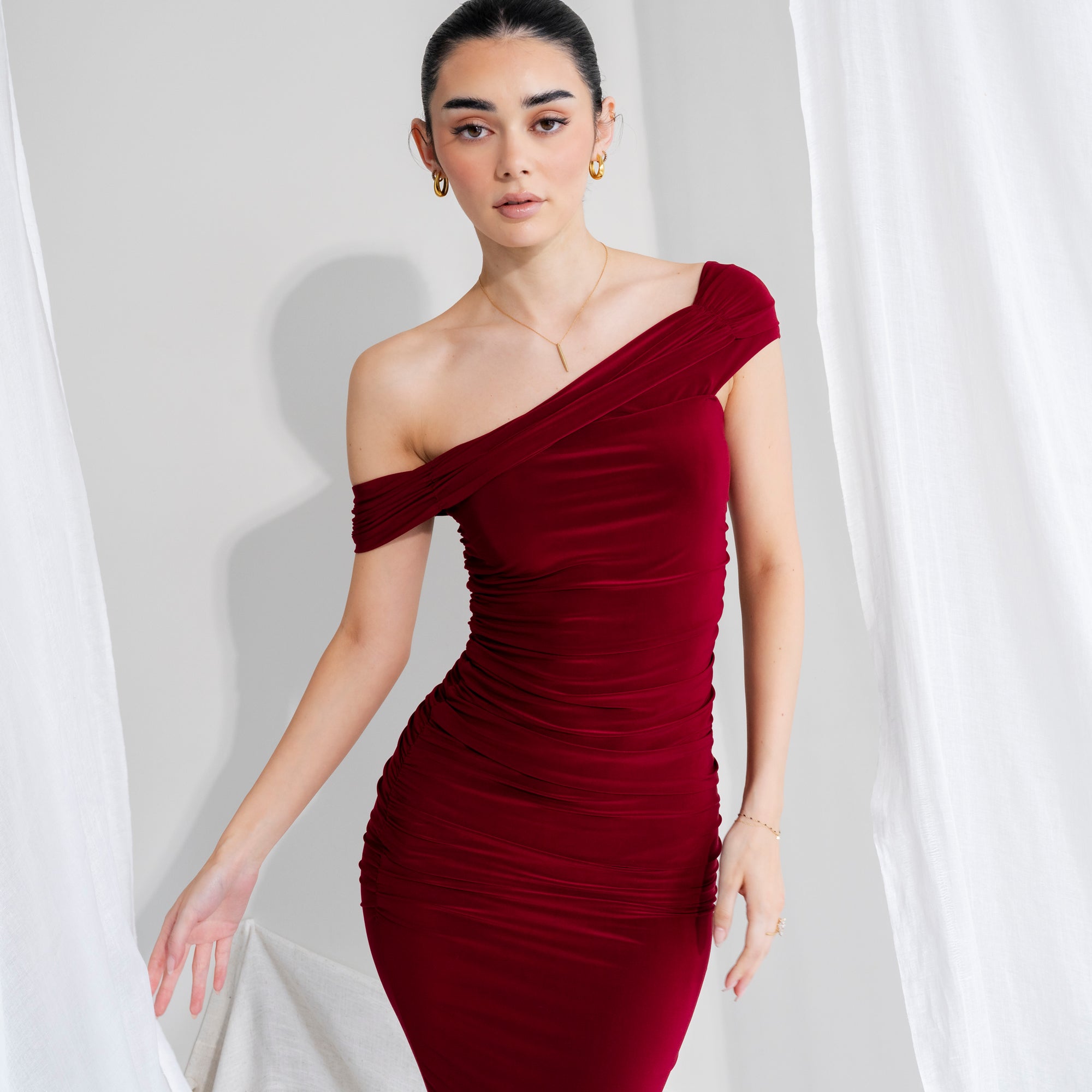 Silky-Luxe Off-Shoulder Dress in Performance Fabric