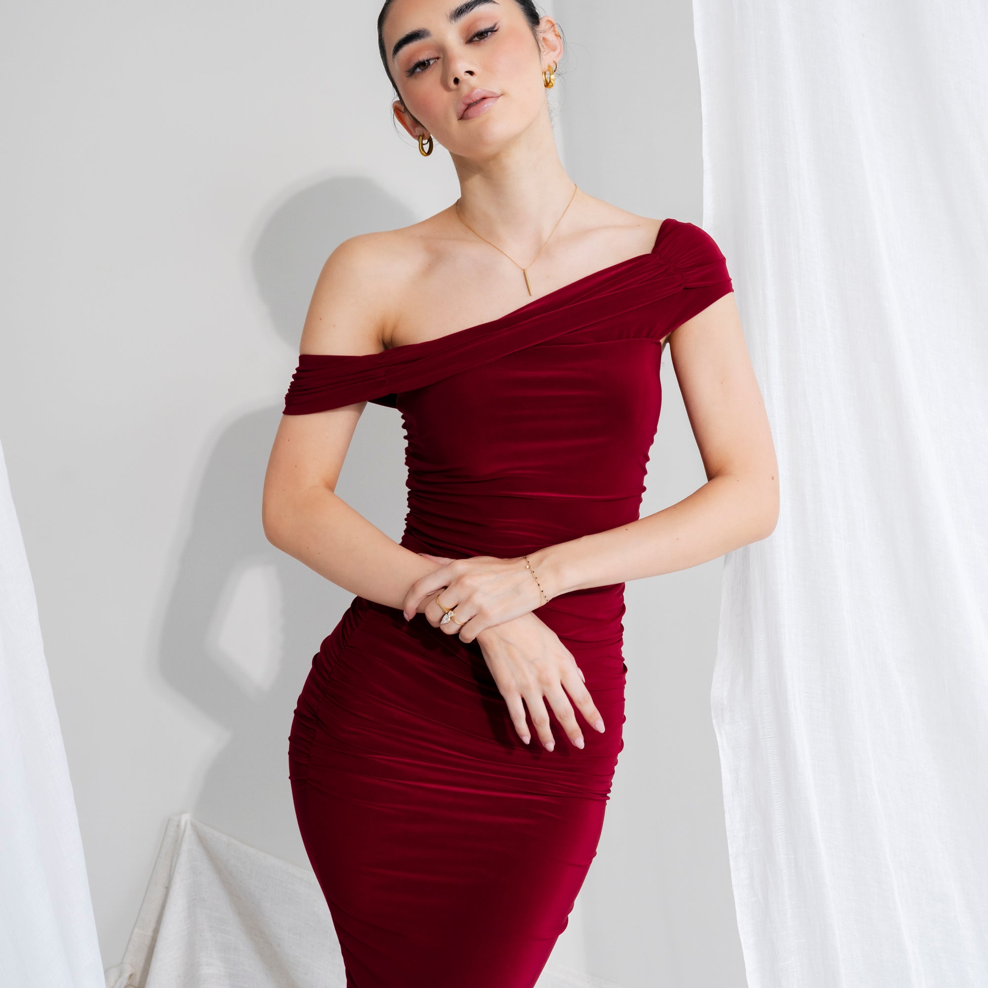 Silky-Luxe Off-Shoulder Dress in Performance Fabric