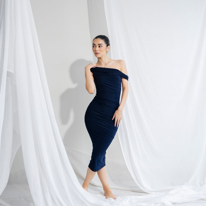 Silky-Luxe Off-Shoulder Dress in Performance Fabric