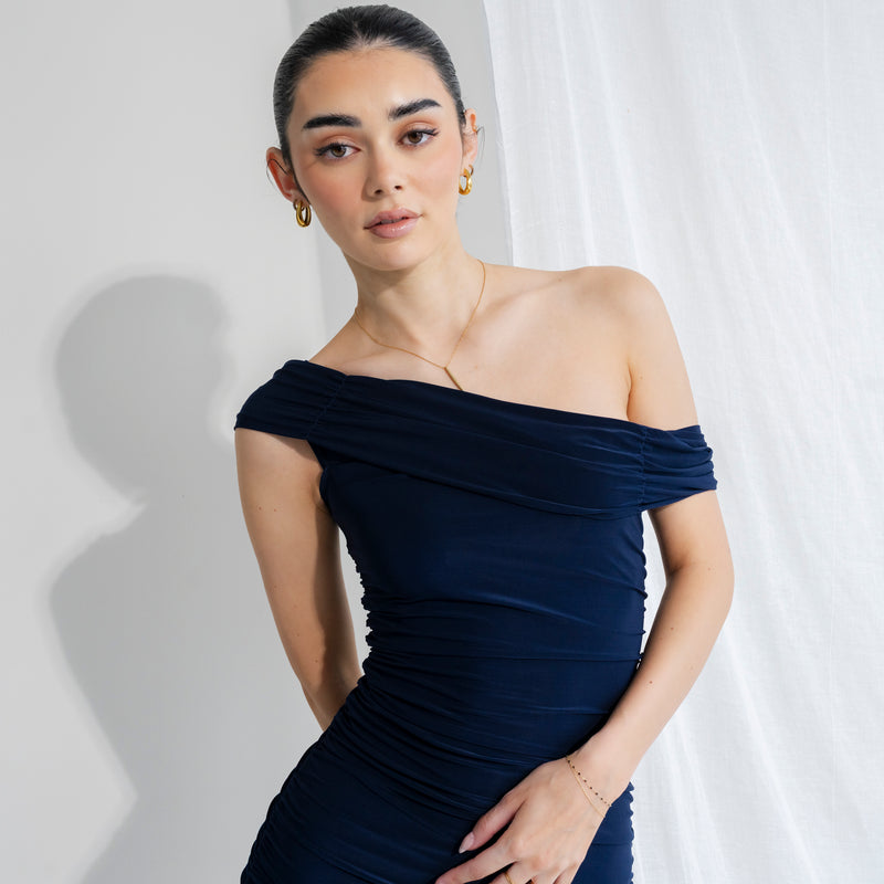 Silky-Luxe Off-Shoulder Dress in Performance Fabric