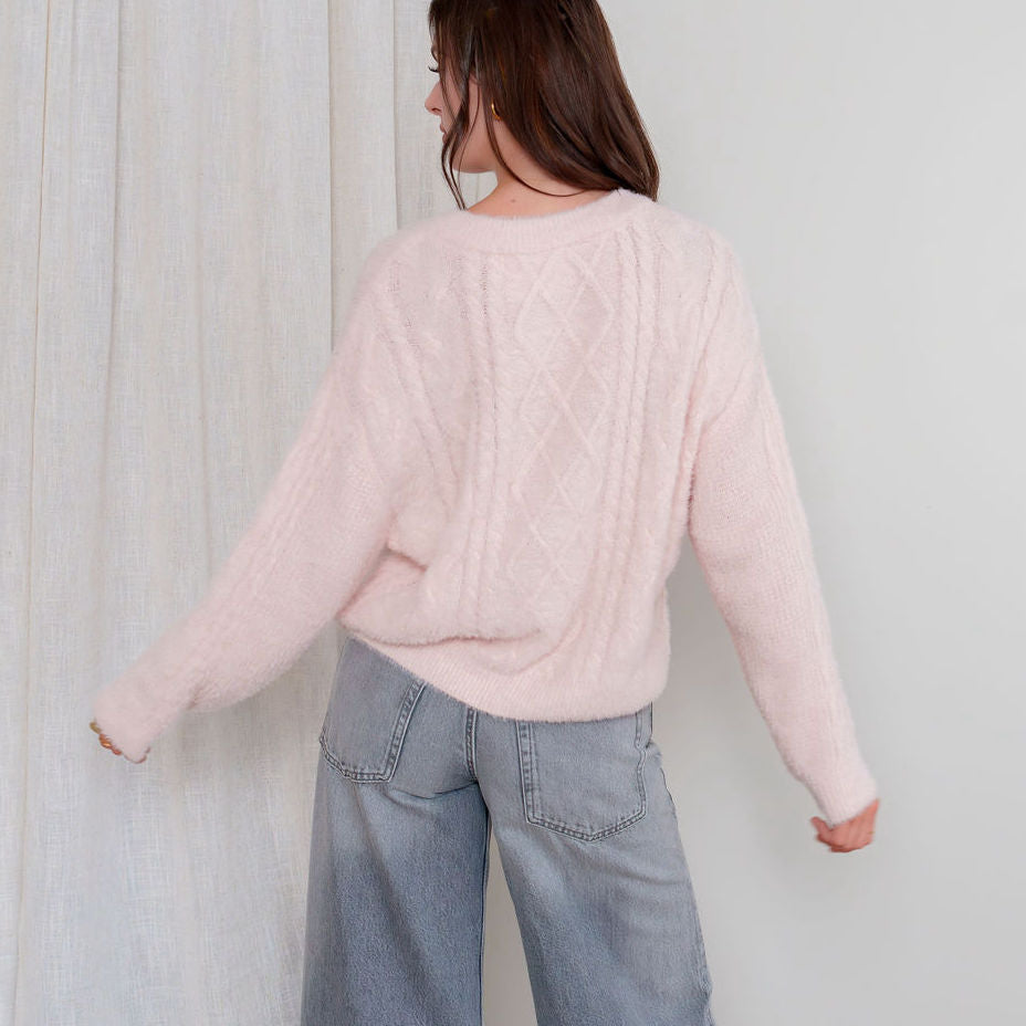 Plush V Neck Cable Sweater