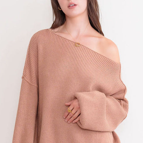 Heavy Ribbed Knit Sweater In Tunic Length in Camel