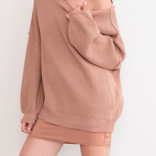 Heavy Ribbed Knit Sweater In Tunic Length in Camel