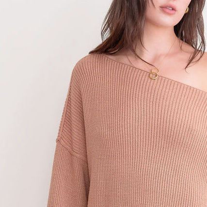 Heavy Ribbed Knit Sweater In Tunic Length in Camel