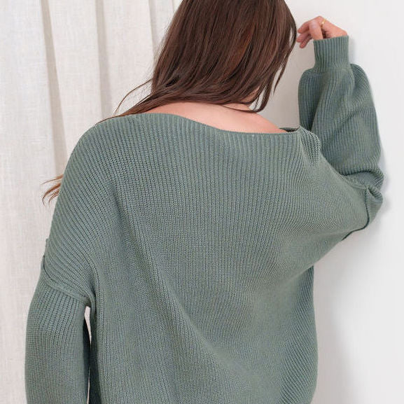 Heavy Ribbed Knit Sweater In Tunic Length in Dark Sage