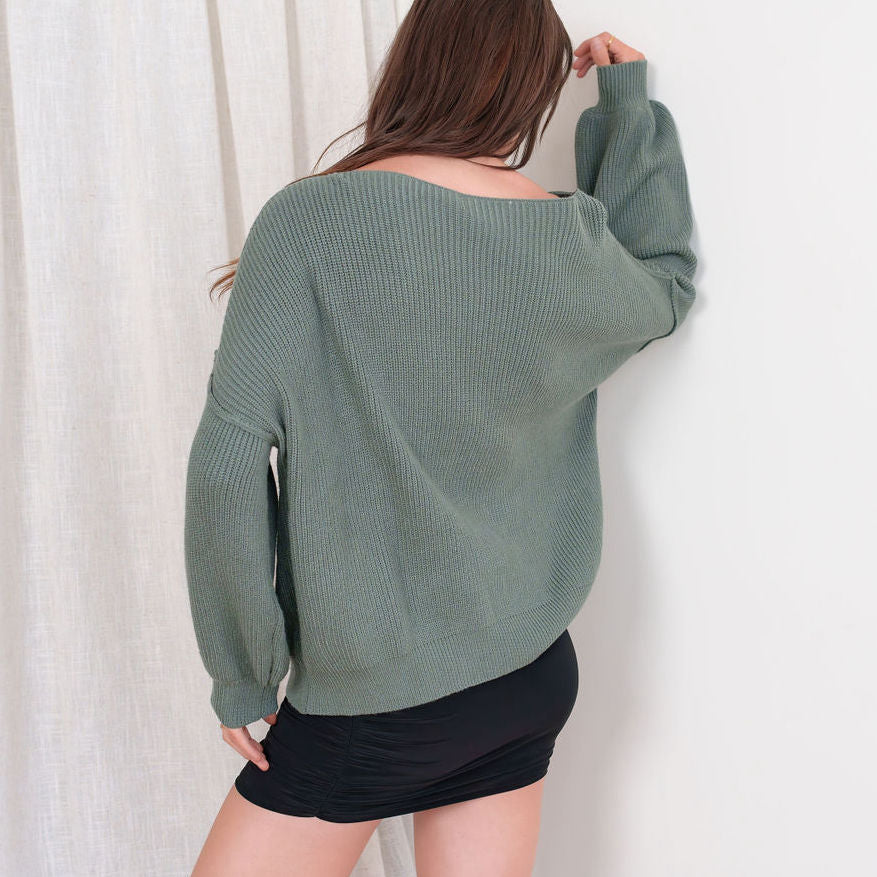 Heavy Ribbed Knit Sweater In Tunic Length in Dark Sage