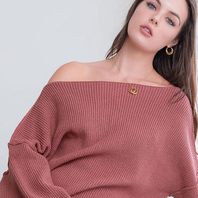 Heavy Ribbed Knit Sweater In Tunic Length in Rosewood