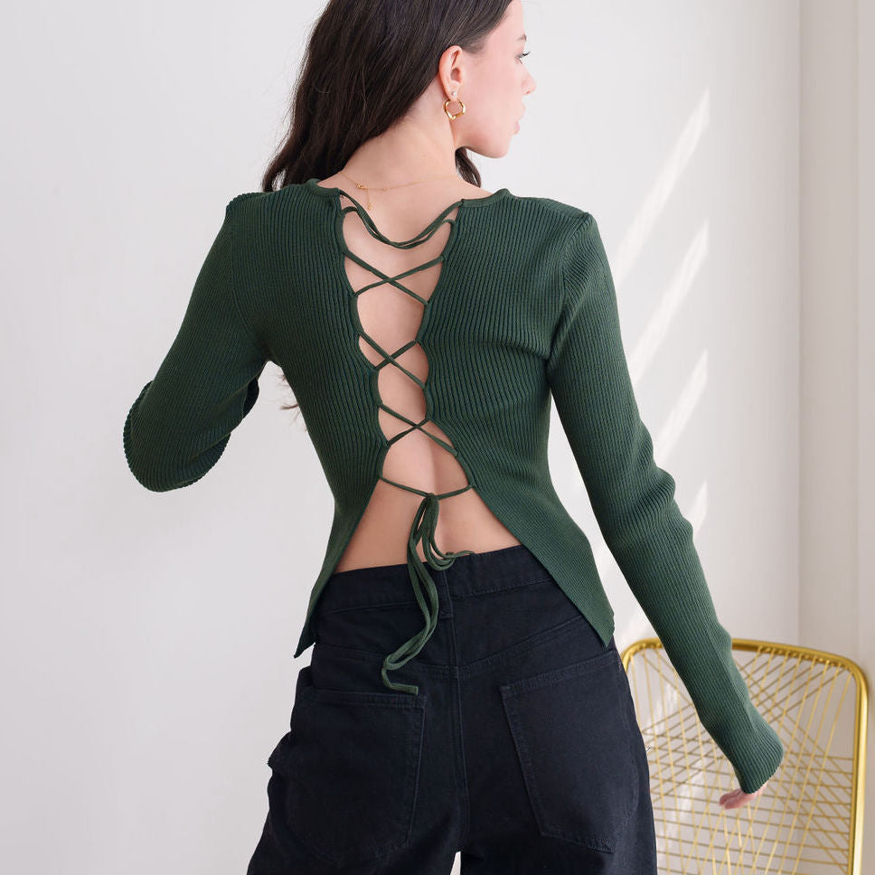 Lace-Up Back Ribbed Top