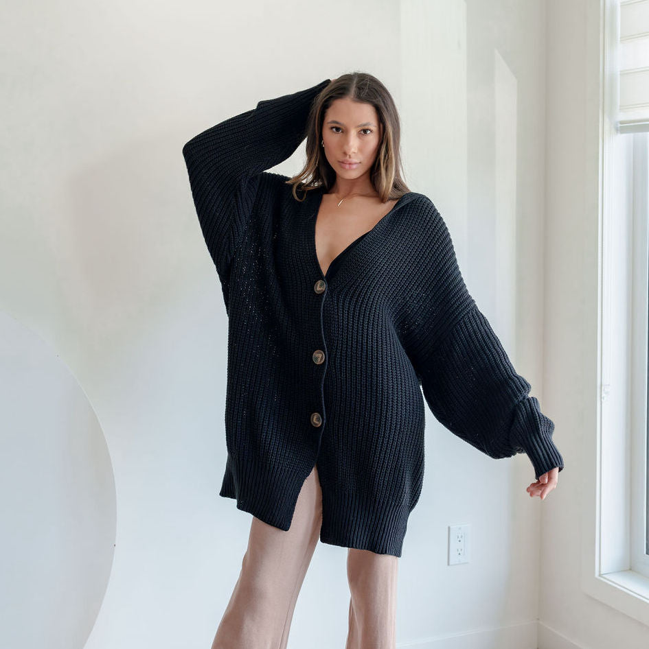 Black Cotton Batwing Oversized Cardigan