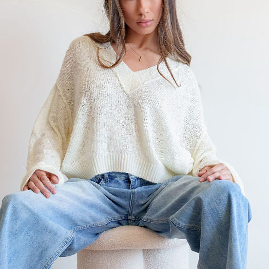 Everyday Sweater In Linen Blend Knit in Cream