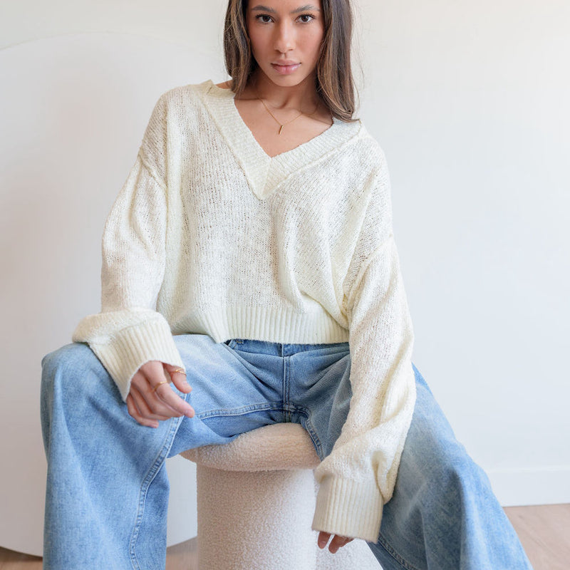 Everyday Sweater In Linen Blend Knit in Cream