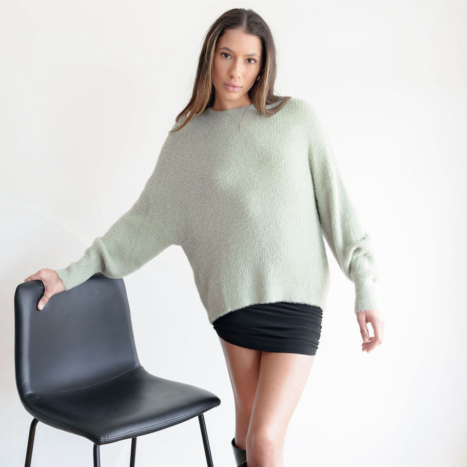 Fuzzy And Soft Mock-Neck Tunic in Sage