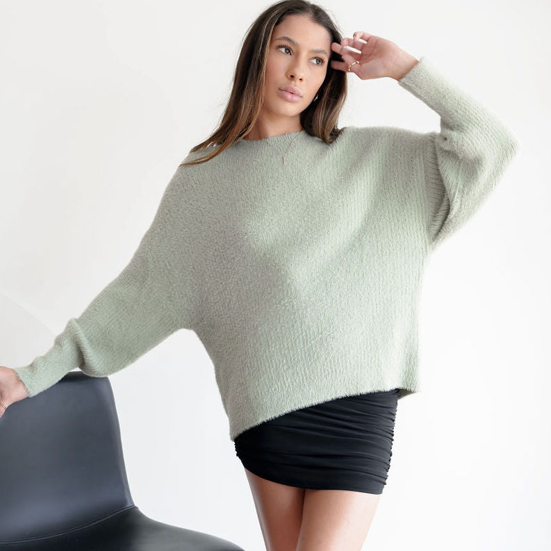 Fuzzy And Soft Mock-Neck Tunic in Sage