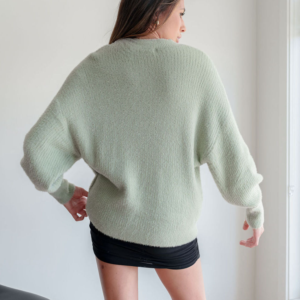 Fuzzy And Soft Mock-Neck Tunic in Sage