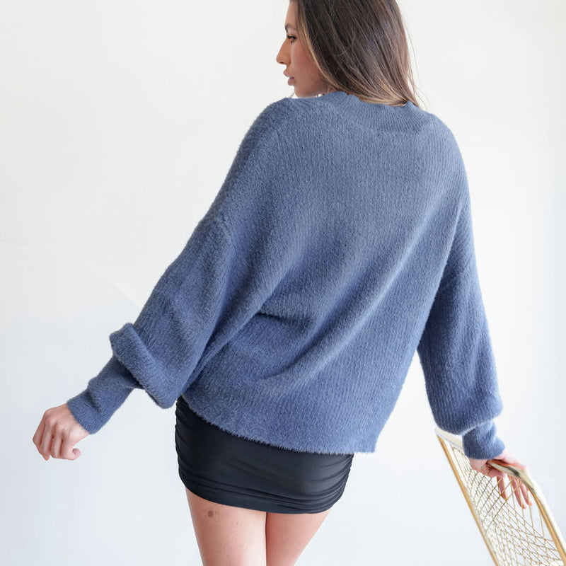 Fuzzy And Soft Mock-Neck Tunic in Navy