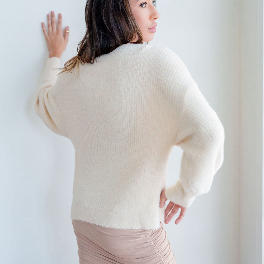 Fuzzy And Soft Mock-Neck Tunic in Cream