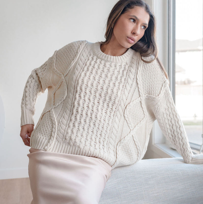 Oversized, Cotton-Blend Cable Knit Sweater