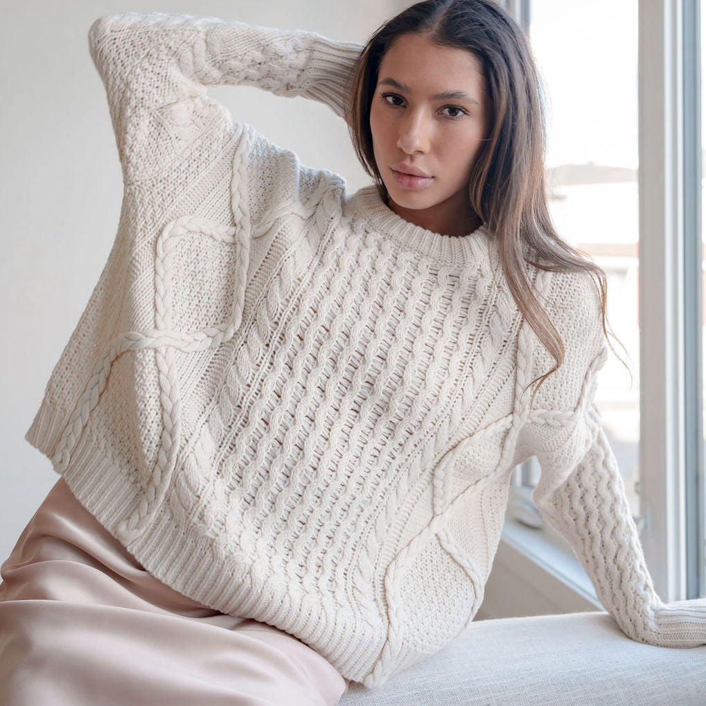 Oversized, Cotton-Blend Cable Knit Sweater