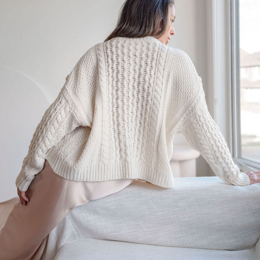 Oversized, Cotton-Blend Cable Knit Sweater