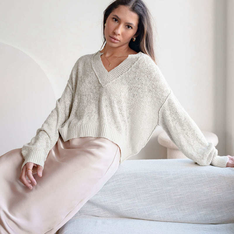 Everyday Sweater In Linen Blend Knit in Soft Grey