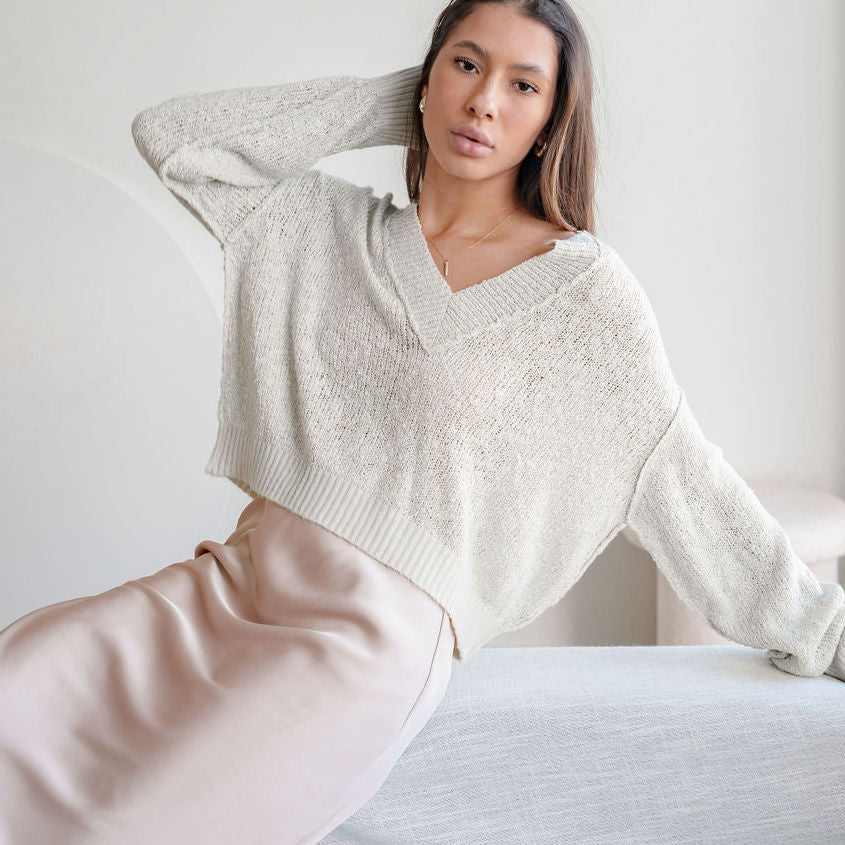 Everyday Sweater In Linen Blend Knit in Soft Grey