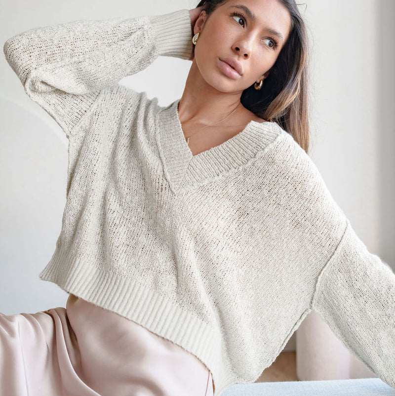 Everyday Sweater In Linen Blend Knit in Soft Grey