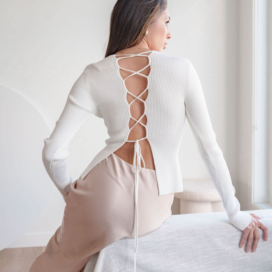 Lace-Up Back Ribbed Top