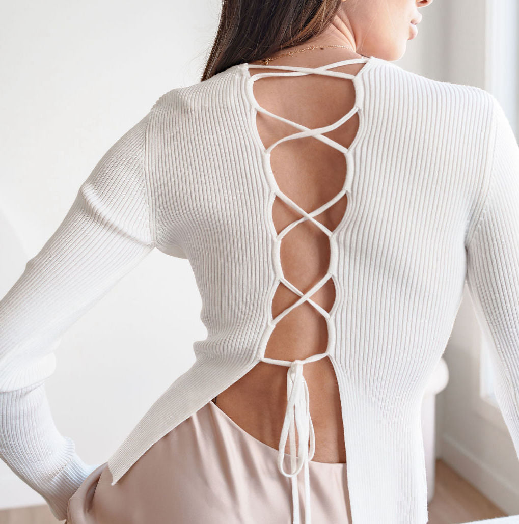 Lace-Up Back Ribbed Top