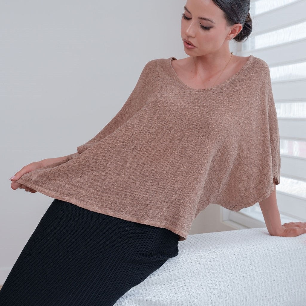 Italian Linen Blouse in Camel