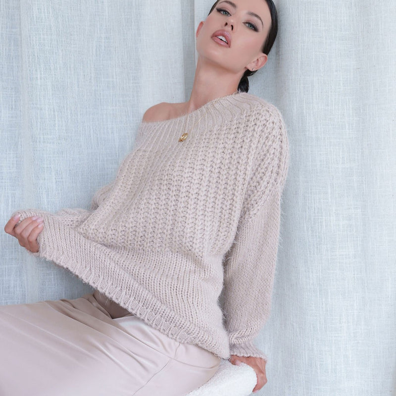 Fuzzy, Heavy And Soft Blush Sweater With Boat Neck Design