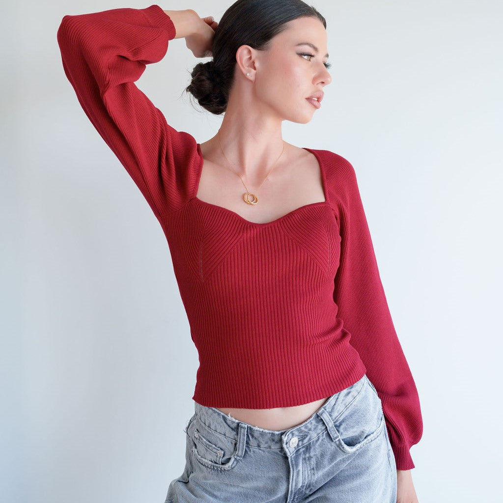 Sweetheart Knit Blouse in Red