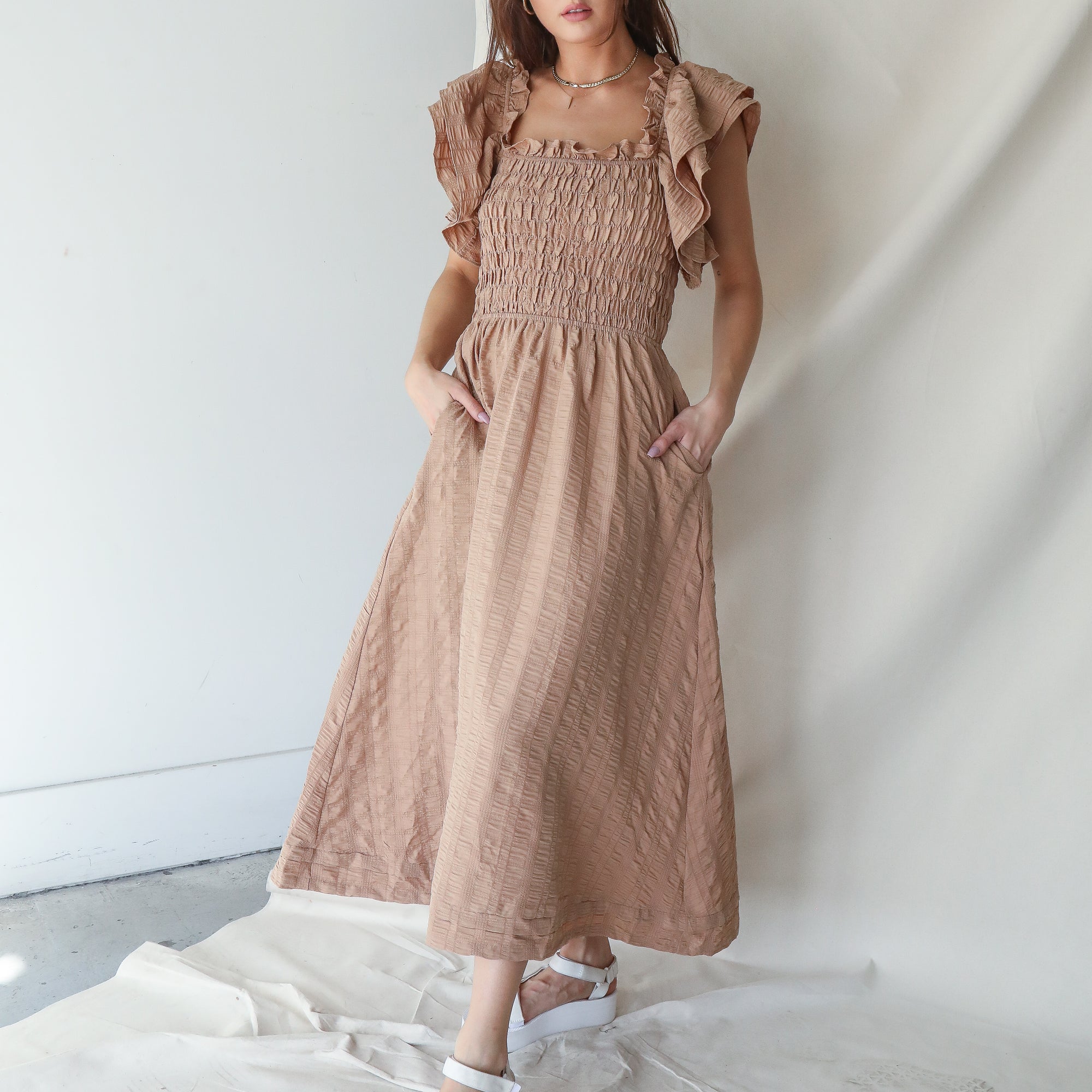 Ruffle Taupe Smocked Dress