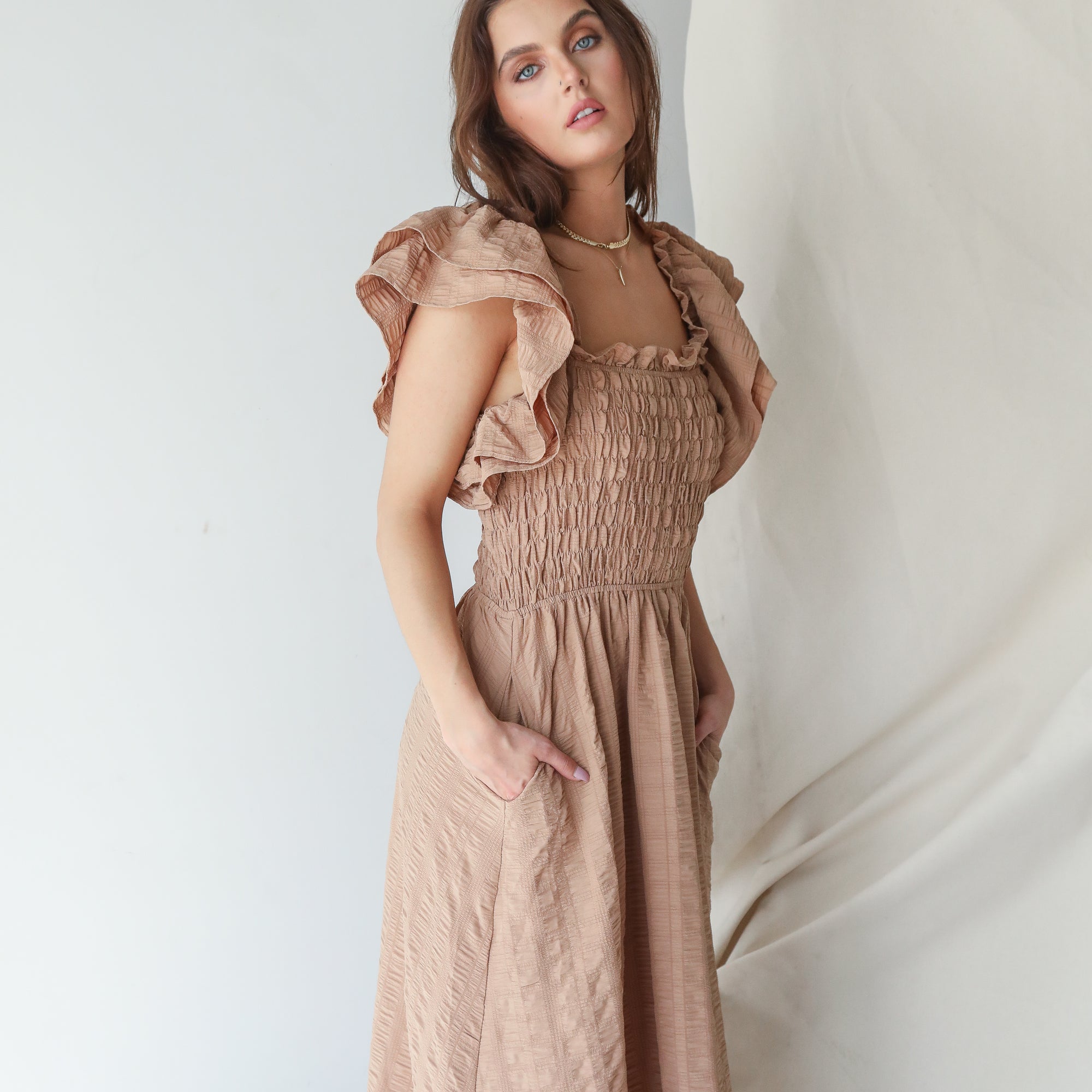 Ruffle Taupe Smocked Dress