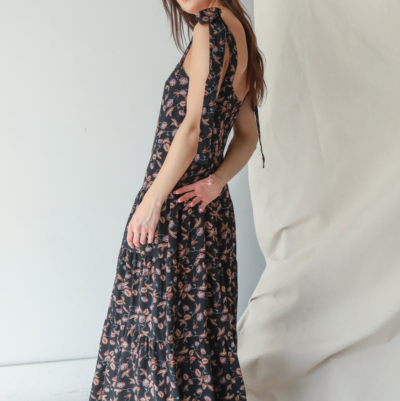 Black Floral Gown With Tie Shoulder Straps