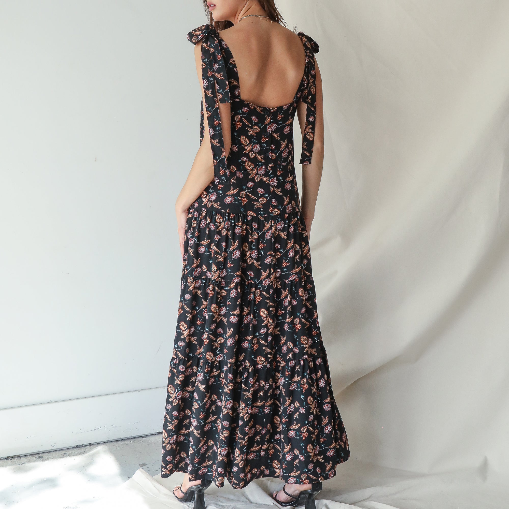 Black Floral Gown With Tie Shoulder Straps