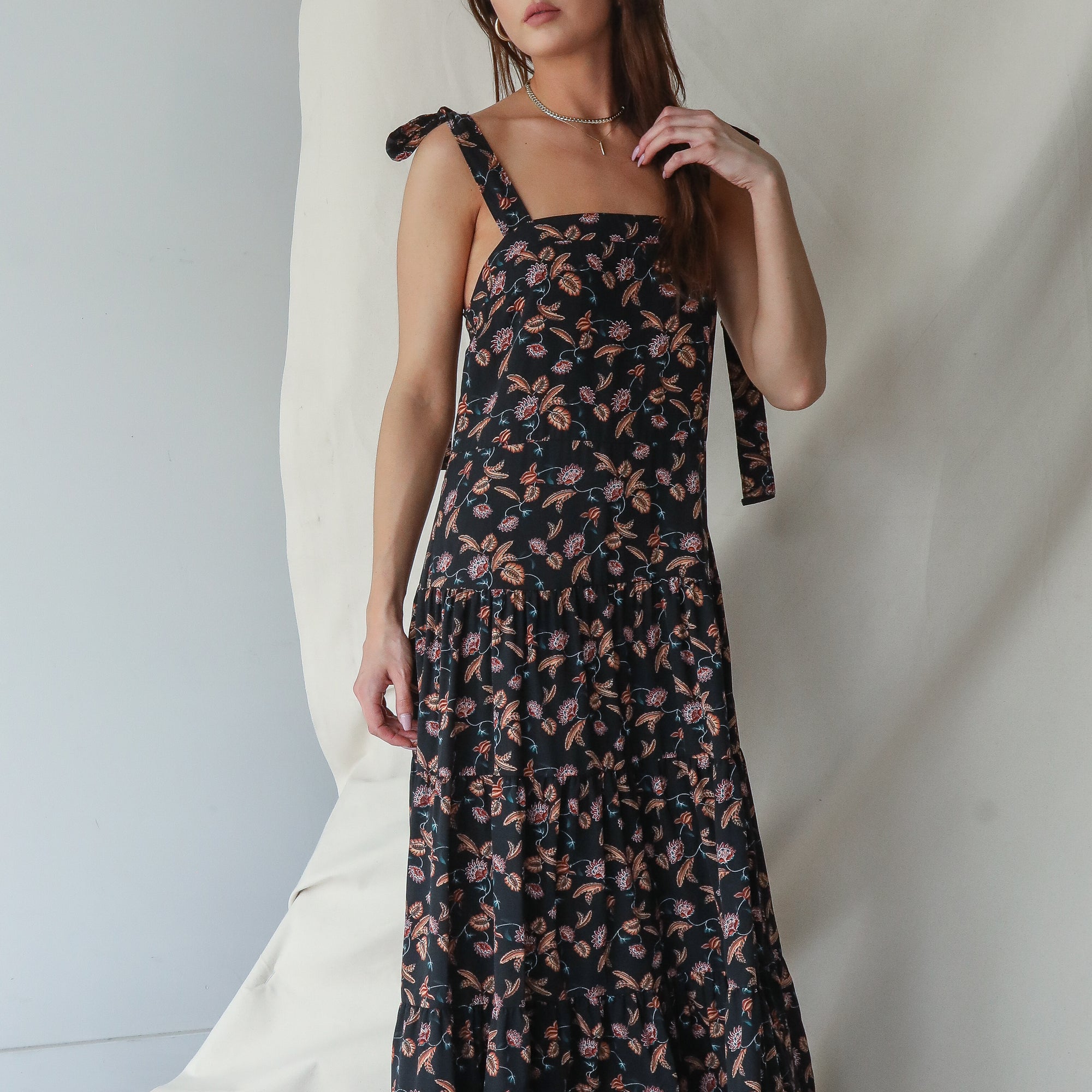 Black Floral Gown With Tie Shoulder Straps