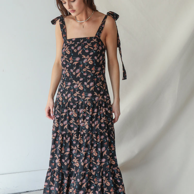 Black Floral Gown With Tie Shoulder Straps