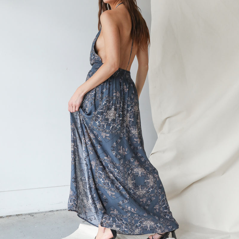 Dark Blue Floral Halter Gown