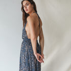 Dark Blue Floral Halter Gown