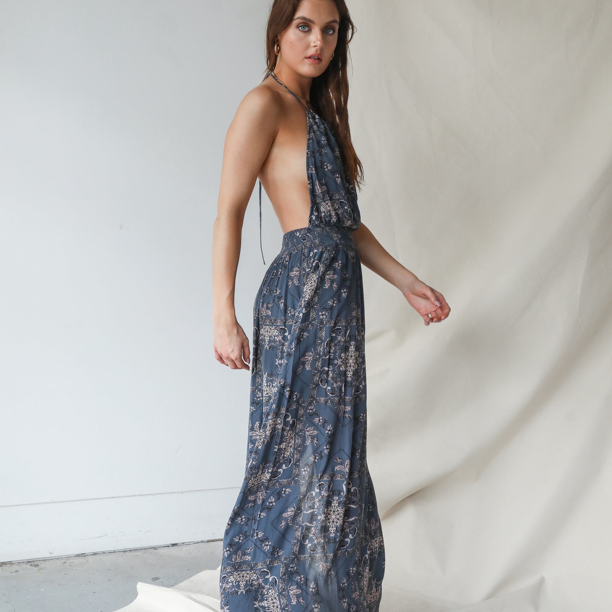 Dark Blue Floral Halter Gown