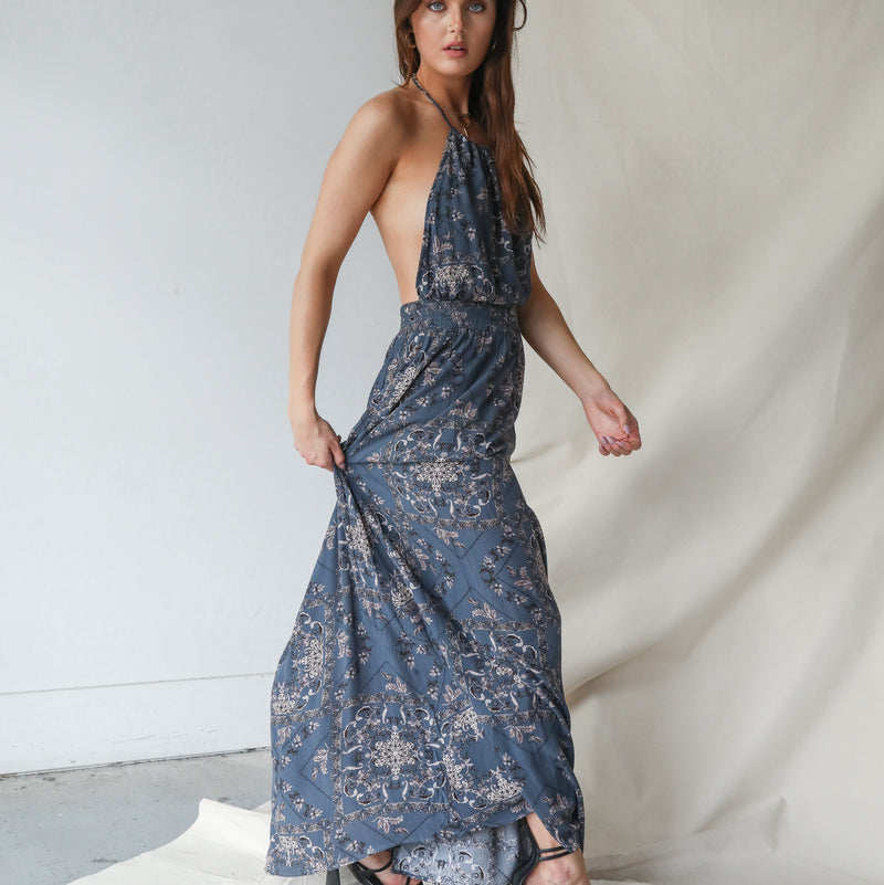 Dark Blue Floral Halter Gown