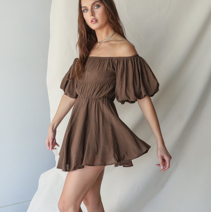 Linen Brown Off Shoulder Short Dress With Asymmetric Hem