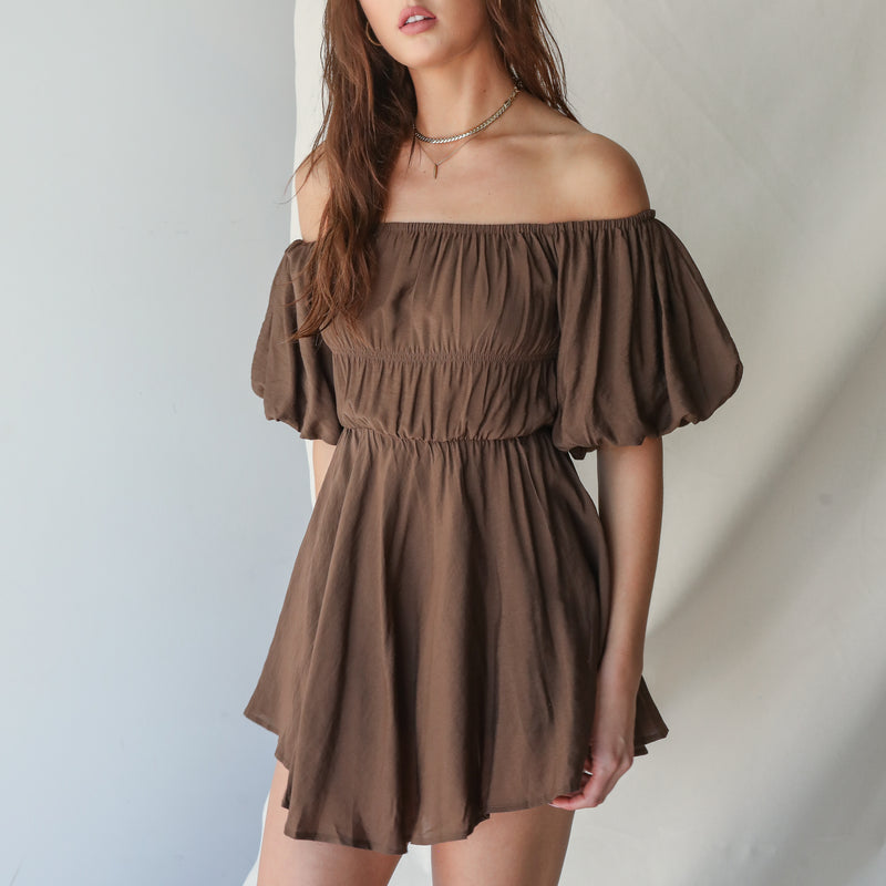 Linen Brown Off Shoulder Short Dress With Asymmetric Hem