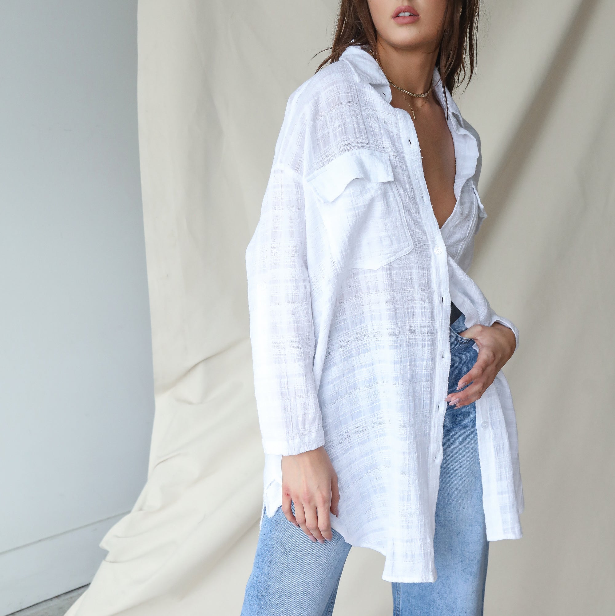 Cream Oversized Button Up Top In Cotton Gauze