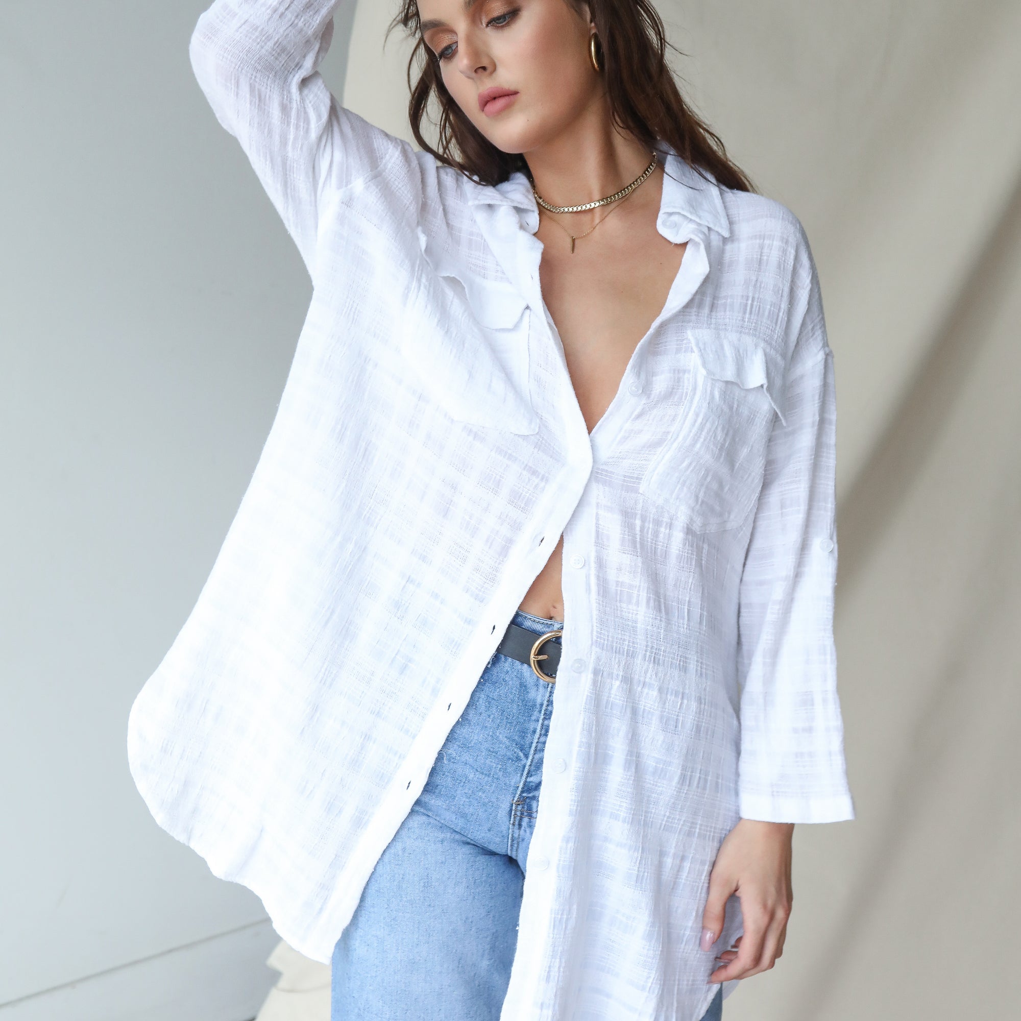 Cream Oversized Button Up Top In Cotton Gauze