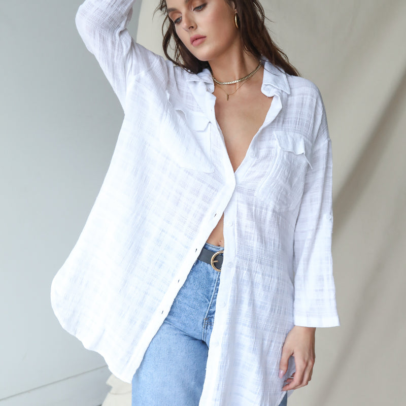 Cream Oversized Button Up Top In Cotton Gauze