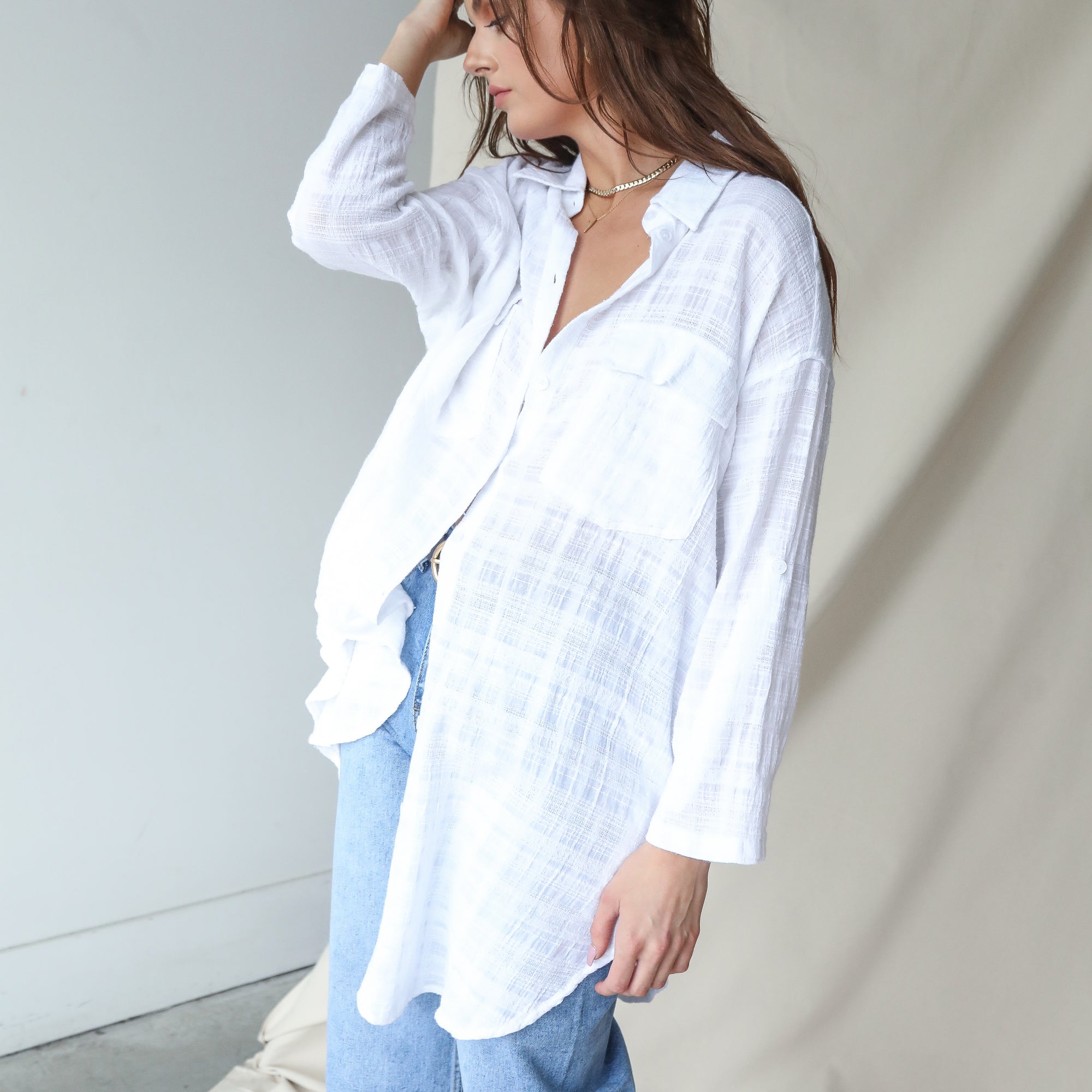 Cream Oversized Button Up Top In Cotton Gauze